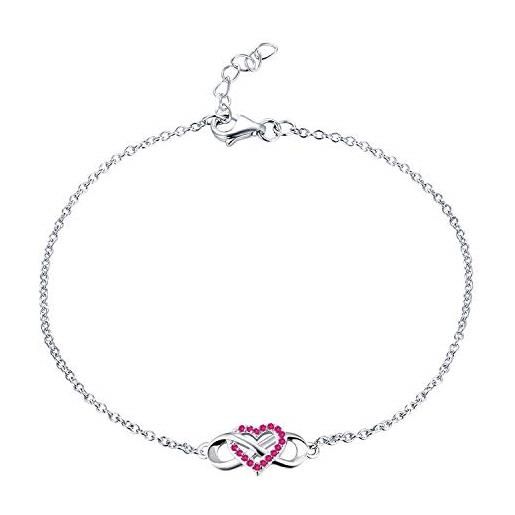 JO WISDOM braccialetto cuore infinito argento 925 donna con aaa zirconia cubica luglio birthstone colore rubino bracciali braccialetti, 18cm+2cm
