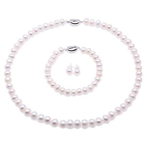JYX Pearl jyx collana di perle da 8 - 9 mm bianco perla collana, bracciale e orecchini gioielli set e lega, colore: white, cod. Fps232
