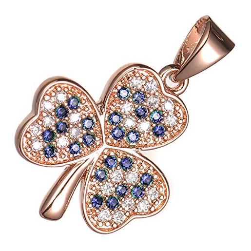 GWG Jewellery collana placcata oro rosa 18k ciondolo trifoglio incastonato con pietre in zirconia cubica blu zaffiro
