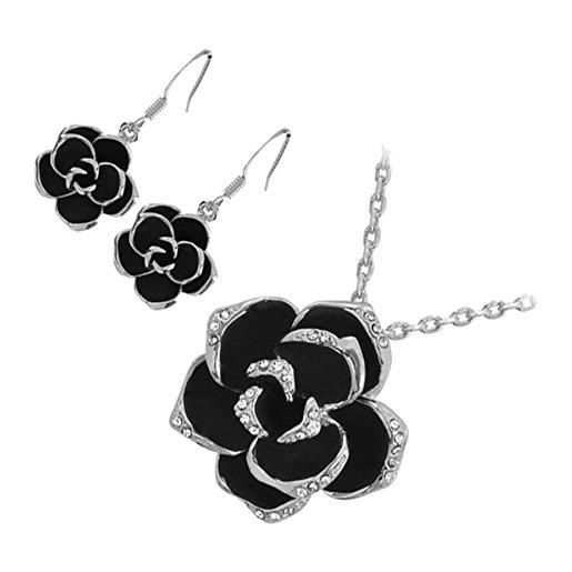 GWG Jewellery parure placcata argento sterling collana con ciondolo e orecchini rosa con petali neri impreziositi con cristalli bianchi