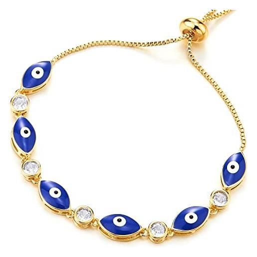 COOLSTEELANDBEYOND donna colore oro casella chain braccialetto con blu malocchio chain e zirconi charms, regolabile