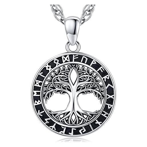 Odinstone collana con ciondolo albero della vita per uomo in argento 925 ciondolo vichinga vegvisir amuleto gioielli regalo per uomo donna, catena regolabile in acciaio 61cm (02)