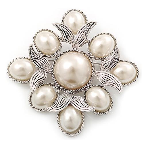 Avalaya spilla quadrata in stile vintage con finte perle bianche e placcatura in argento, 45 mm di diametro