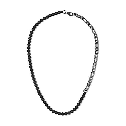 GAVU collana da uomo con perline di pietra onice naturale e catena figaro in acciaio inossidabile nero