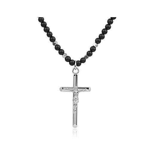 GAVU collana rosario da uomo con perline di pietra naturale onice opaco e ciondolo croce cristiana con gesù crocefisso 60cm