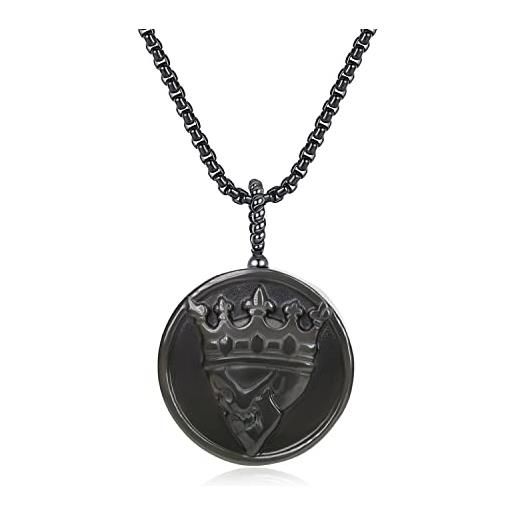 COAI collana in acciaio inox con pendente teschio con corona in ossidiana nera