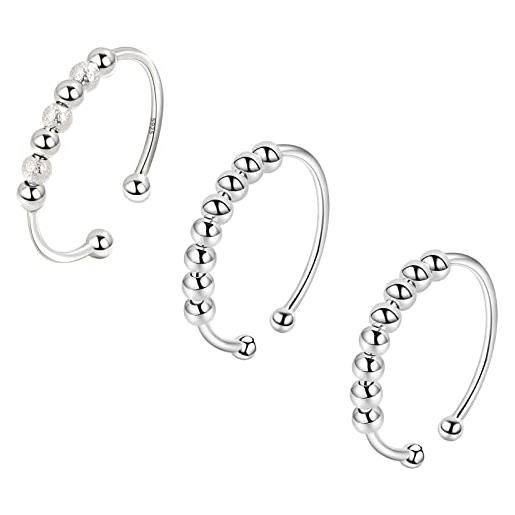 VELESAY 3pezzi argento sterling 925 anello con perline antistress anelli per donne anelli spinner con perle anelli sottili regolabili impilabil fidget anello antistress ruota liberamente anello argento