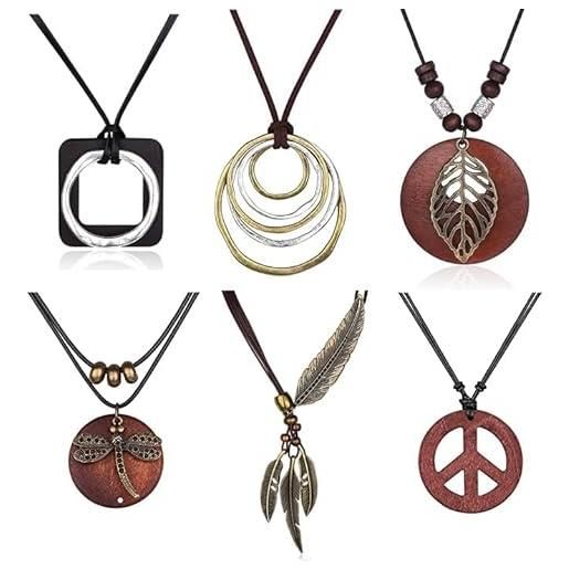 Diamday 6pz collana lunga per donne boho vintage legno piuma autunno ciondolo sweather collana set collana regolabile con segno di pace a y gioielli hippie