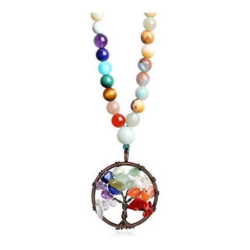 COAI collana per uomo e donna in amazzonite sfaccetata multicolore con ciondolo albero della vita e pietre sette chakra