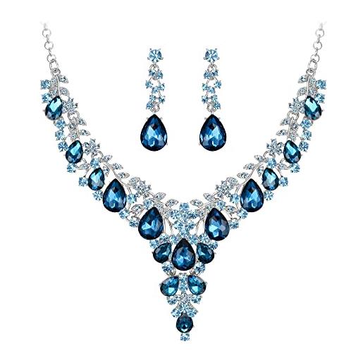 EVER FAITH set di gioielli da sposa in cristalli austriaci per donne, set di orecchini pendenti con collana a fiore di dichiarazione di colore blu topazio argento-fondo
