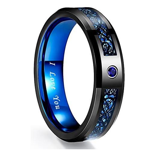 NUNCAD blu anello celtico drago per uomo donna con fibra di carbonio e zircone in tungsteno nero, 6mm anelli fede nuziale fidanzamento taglia 22
