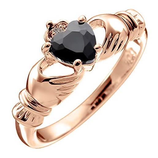 GWG Jewellery anello placcato in oro rosa 18k claddagh con cuore in cz nero, mani e corona - 6