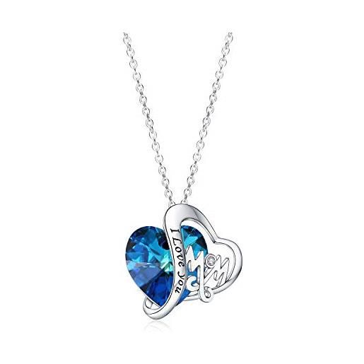 Rofusn collana donna gioielli in argento 925, con ciondolo cuore e diamnate blu lucido, ti amo mamma, regalo per festa della mamma