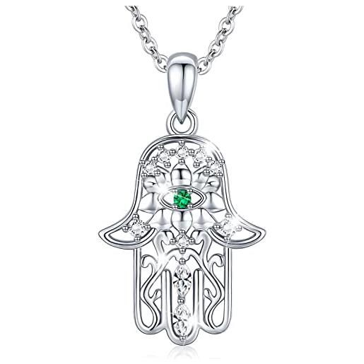 Aniu collana da donna in argento sterling 925 con ciondolo a forma di mano di fatima con gemstone verde, regalo di protezione, fornito in confezione delicata