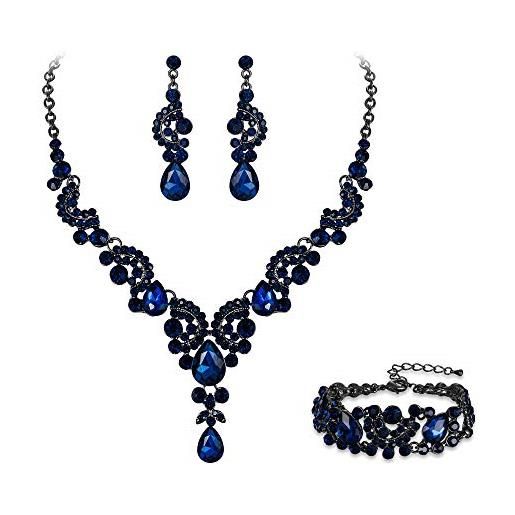 EVER FAITH collana e bracciale e anello, cristallo austriaco nuziale art deco floreale onda goccia collana orecchini braccialetto set di gioielli per bride blu nero-fondo