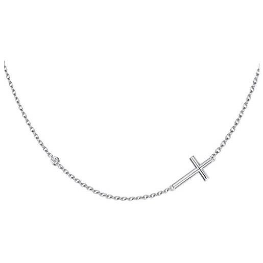FANCIME croce orizzontale ciondolo collana per donna ragazze in argento 925 e zirconi - catena lunghezza: 40 + 5 cm