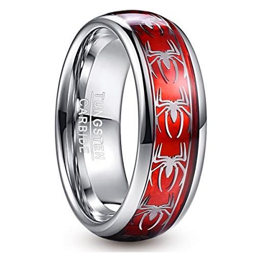 NUNCAD 8mm anello personalizzato uomo placcato argento con motivo ragno+opale di carta rossa, anello in tungsteno cupola comodo taglia 27.25
