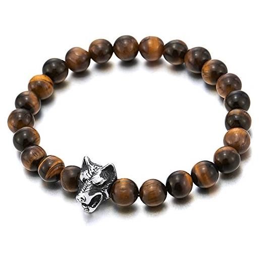 COOLSTEELANDBEYOND 8mm pietra occhio di tigre, braccialetto di perline con acciaio testa di lupo, prayer mala