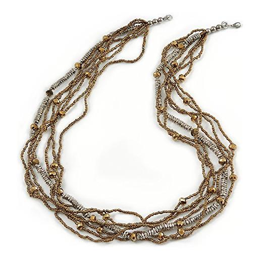Avalaya collana con perline in vetro multifilo, argento/bronzo, lunghezza 90 cm, plastica vetro