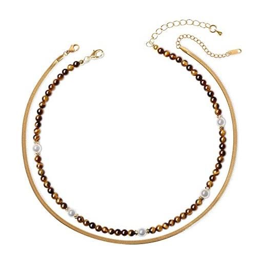 COAI doppia collana girocollo da donna con filo di perle in occhio di tigre marrone e perle di conchiglia e catena herringbone
