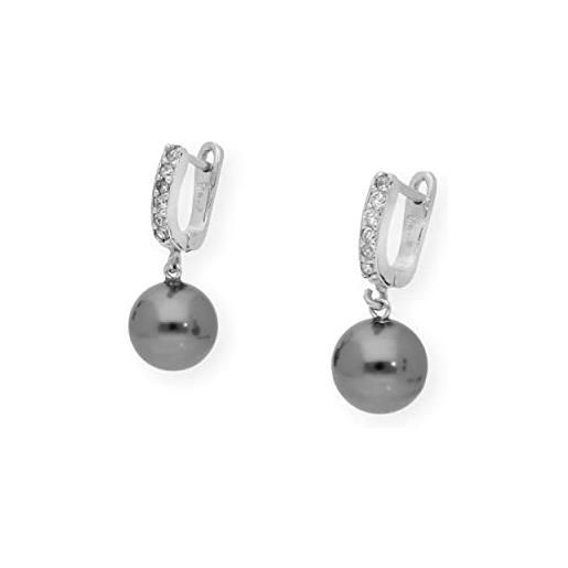 Silver & Steel orecchini in argento e zirconi con perla nera swarovski (10 mm), orecchini da donna in argento sterling 925, materiali ipoallergenici, orecchini da donna argento, orecchini argento donna, argento, perla