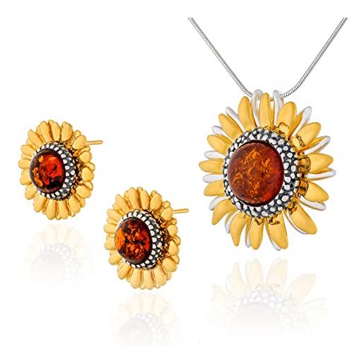 AMBEDORA collana da donna in argento sterling ossidato, argento placcato oro, con ciondolo rotondo in ambra baltica a forma di girasole su catena, set regalo, argento sterling, ambra