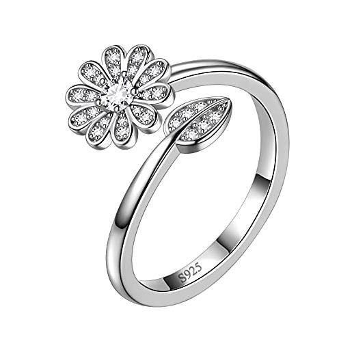 Aurora Tears anello regolabile con fiore di margherita di girasole in argento sterling 925 con fiore e foglie aperte, idea regalo per donne e ragazze dr0130w