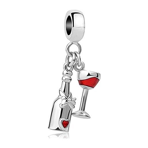 LSxAB bottiglia di vino rosso scintillante e ciondolo in vetro compatibile con braccialetti pandora, rame, nessuna pietra preziosa