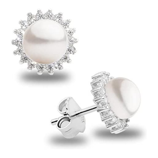 Secret & You orecchini da donna di perle d'acqua dolce, forma a bottone 8-9 mm con piccole pietre di zircone Secret & You - argento sterling 925. 