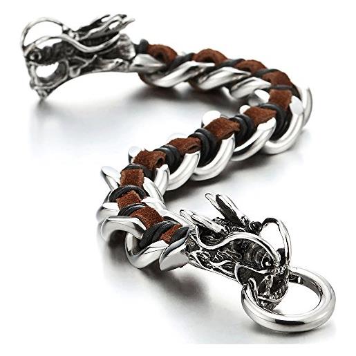 COOLSTEELANDBEYOND biker braccialetto del drago, bracciale da uomo, barbozzale, acciaio inossidabile, strisce miste, marrone vera pelle