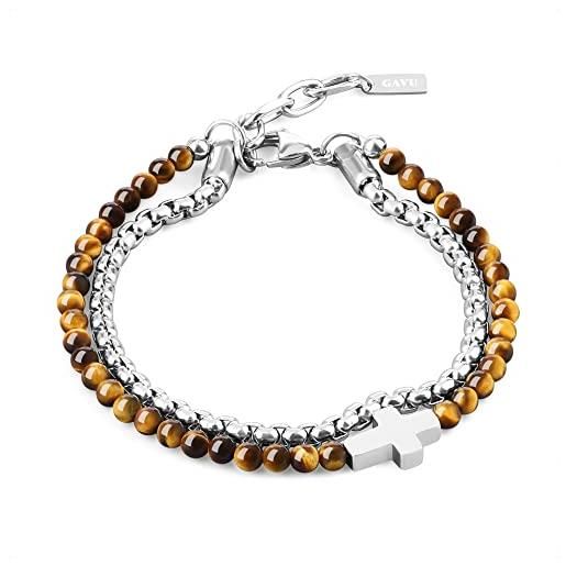 Bracciale Regolabile In Pietre Naturali Con Incisione “Faith Over Fear” E Croce – Gioiello Religioso In Acciaio Inox Per Uomo E Donna, SJY4267