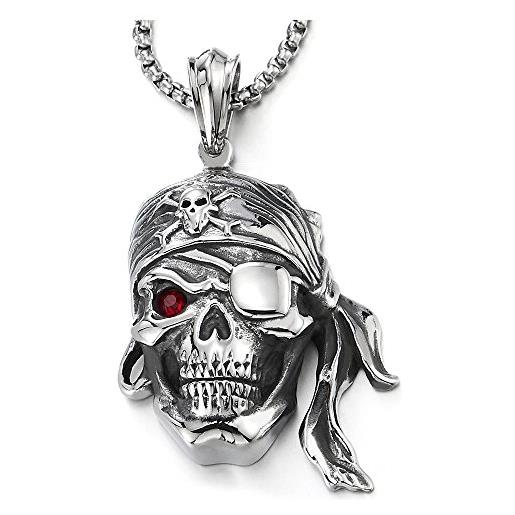 COOLSTEELANDBEYOND ciondolo vichingo pirata cranio, collana con pendente teschio da uomo, acciaio, biker, gothic, hip-hop catena grano 75cm