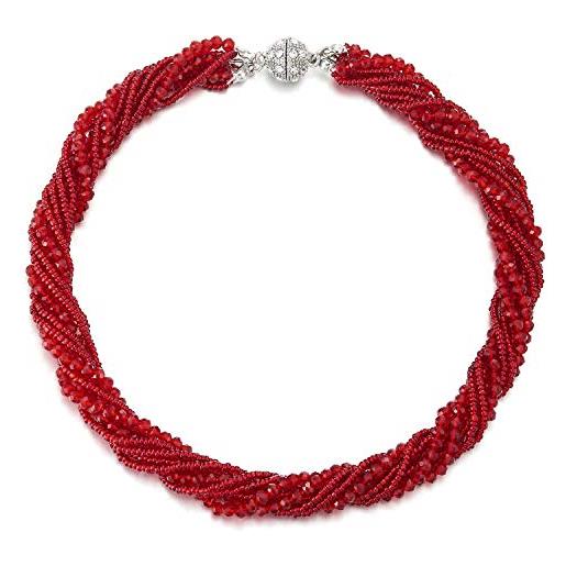 COOLSTEELANDBEYOND rosso statement pendente multi strati perline cristallo intrecciato catena girocollo choker fermoir magnétique