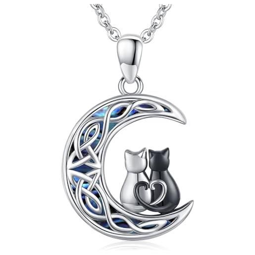 Odinstone collana con gatto per donna, ciondolo con gatto sulla luna in argento 925, gioielli con animali, regali per donne amanti dei gatto (gatto celtico)