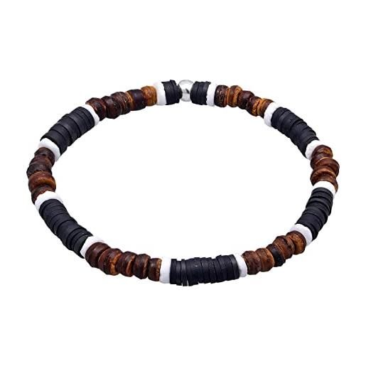 Kuzzoi buddha bracciale da uomo in heishi e perle di legno di cocco (6 mm) con elementi in argento sterling 925 ossidato, fascia elastica per l'uomo, lunghezza 19-23 cm, nero