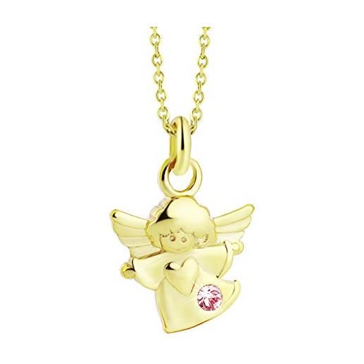 fish collana in oro con ciondolo angelo per bambina con pietra rosa e lunghezza regolabile