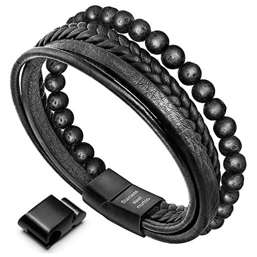 Murtoo bracciale da uomo in pelle intrecciata marrone|nero con pietra lava|onice|agata con chiusura magnetica in acciaio regalo per uomo (nero|lava, 23.5)