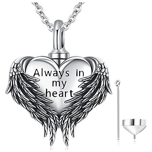 Odinstone collana con ali di cuore per ceneri in argento 925 gioielli per la cremazione ciondolo commemorativo per donne cestini portacenere per donne