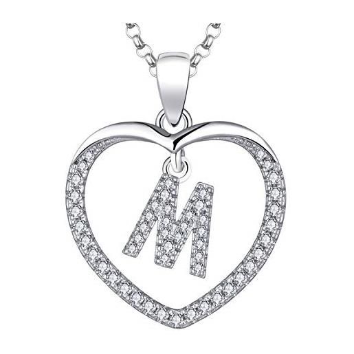 JO WISDOM collana di cuore alfabeto argento 925 donna, ciondolo con catena 26 lettere m iniziali zirconia cubica aaa, regalo di gioielli personalizzati