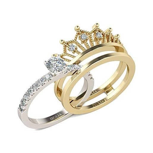 Jeulia 2 carati corona in argento sterling 925 anello per donna corona bicolore taglio rotondo set di fedi nuziali placcato in oro fascia nuziale zircone anello di fidanzamento anniversario (15.75)