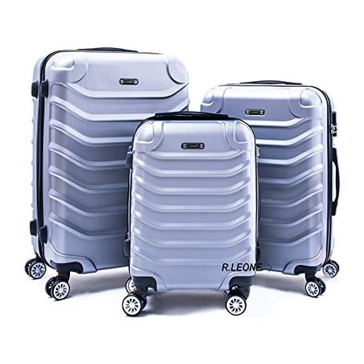 R.Leone valigia set 3 trolley rigido grande, medio e bagaglio a mano 8 ruote in abs 2026 (argento, set 3 s m l)