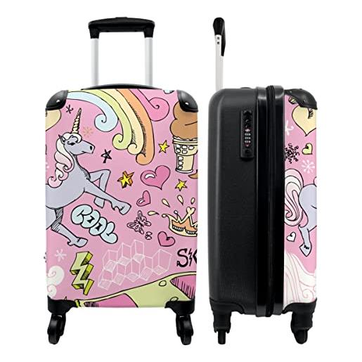 NoBoringSuitcases.com® valigia piccola trolley ragazza bag trolley da cabina si inserisce trolley bagagli a mano 55x40x20 rosa - unicorno - skateboard - disegno - 55x35x20cm