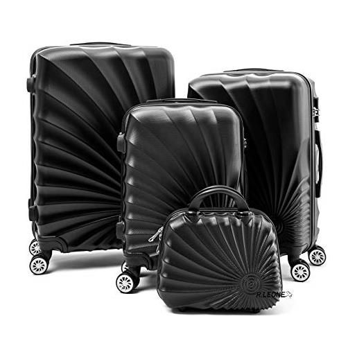 R.Leone valigia da 1 fino a set 4 trolley rigido grande, medio, bagaglio a mano e beauty case 8 ruote in abs 2092 (grigio, l grande)