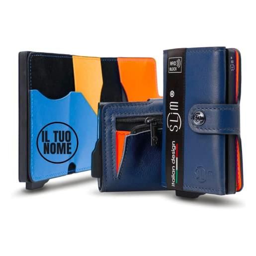 SLim portafoglio personalizzato porta carte di credito schermato portacarte anticlonazione uomo donna personalizzabile (blu multicolor con zip)