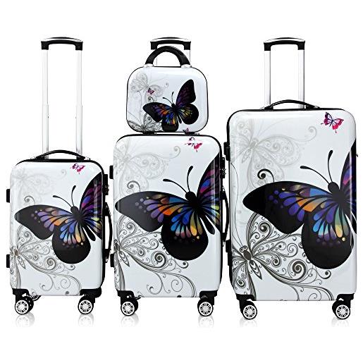 Monzana set di valigie 4pz con beauty case trolley rigida butterfly lucchetto rotelle 360° bagaglio a mano valigia m l xl