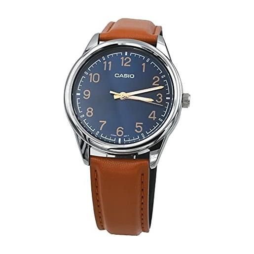 Casio mtp-v005l-2b4 men's standard analog tan leather band blue numbers dial watch