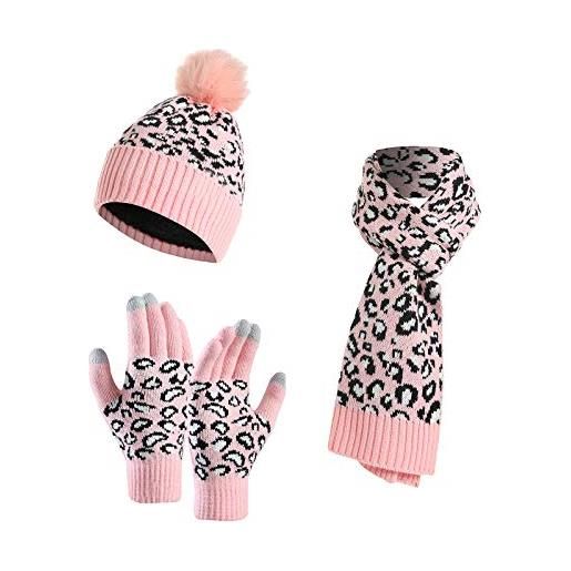 Youngsoul set invernale lavorato a maglia con stampa leopardata, cappello caldo bobble sciarpa e guanti da donna e ragazze, rosa, taglia unica