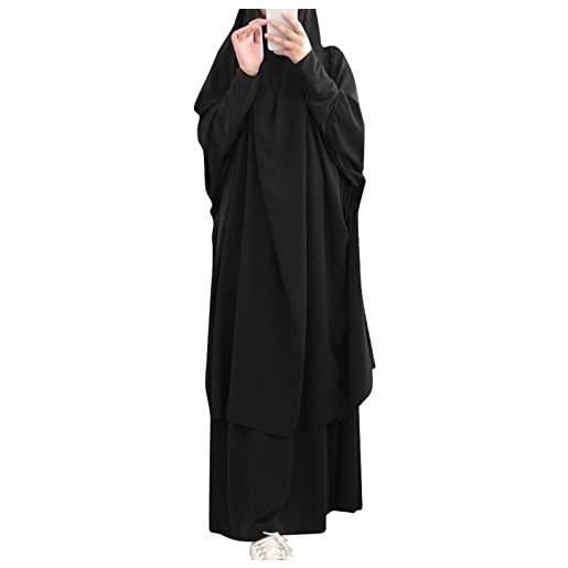 IWEMEK abaya muslim - vestito da preghiera da donna, jilbab khimar kaftan, lunghezza intera hijab + gonna da 2 pezzi, set islamico afghano medio oriente dubai turchia ramadan, nero , taglia unica