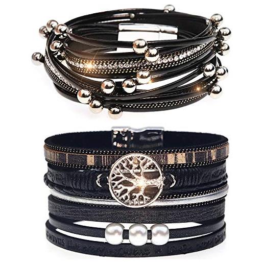 Suyi set di 2 braccialetti in pelle multistrato con perline e chiusura magnetica, da donna, 39 cm, pelle