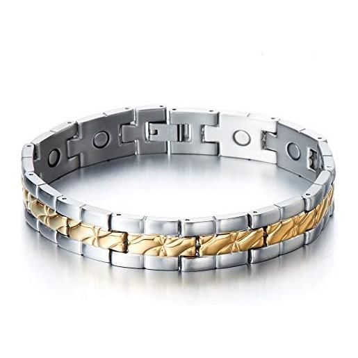 COOLSTEELANDBEYOND magnetico, bracciale da uomo, acciaio inossidabile, con magneti, link, braccialetto, oro argento due toni